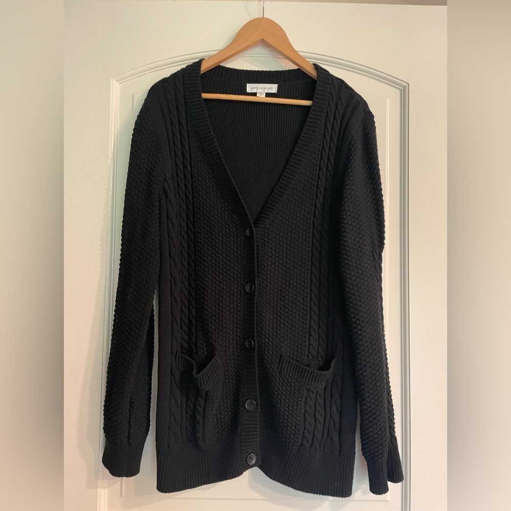 Amour Vert Black Avant Garde Astra Cotton Textured Collegiate Cardigan